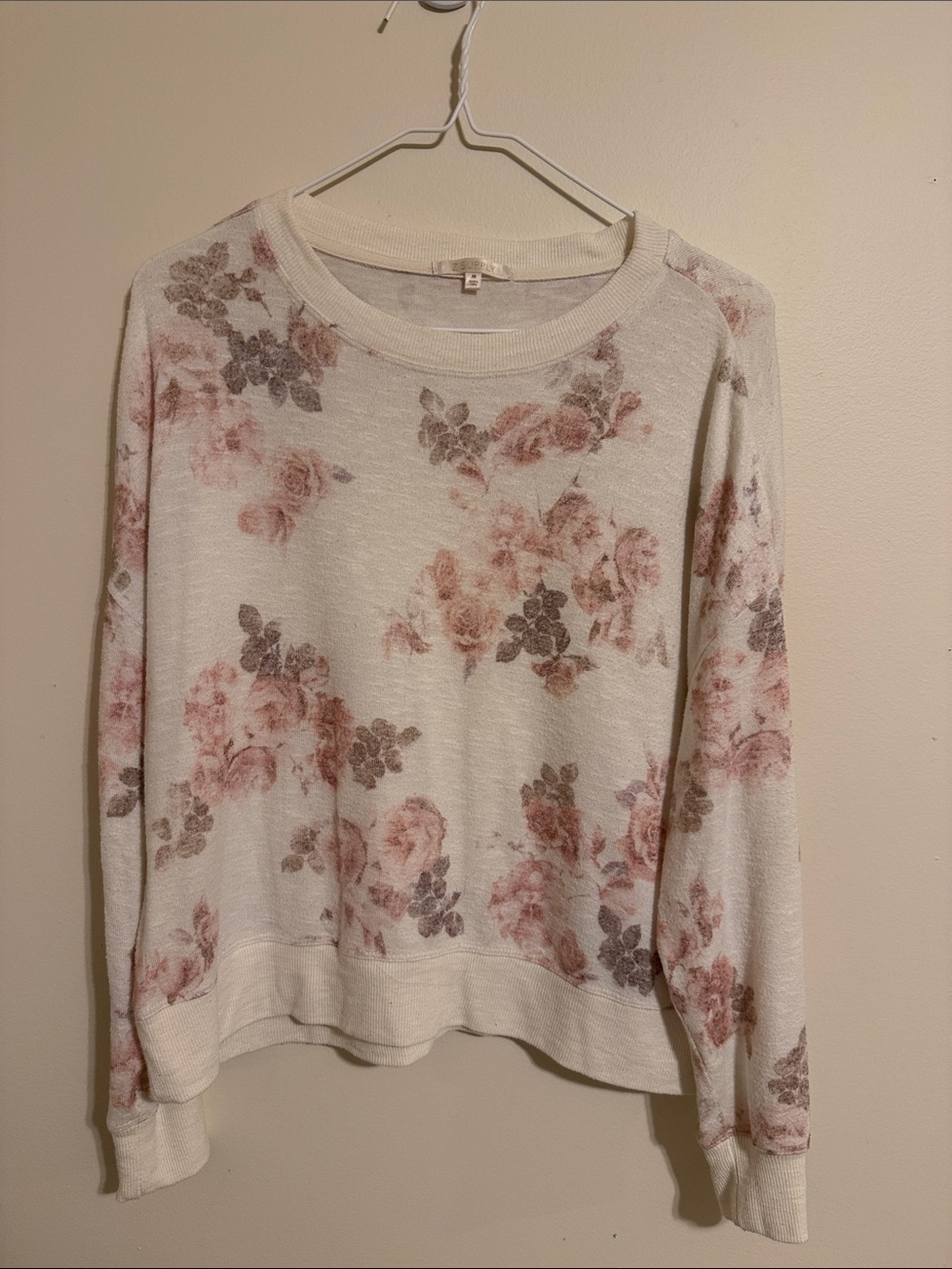 Z Supply Cream Floral Pullover Sweatshirt with Pink Roses